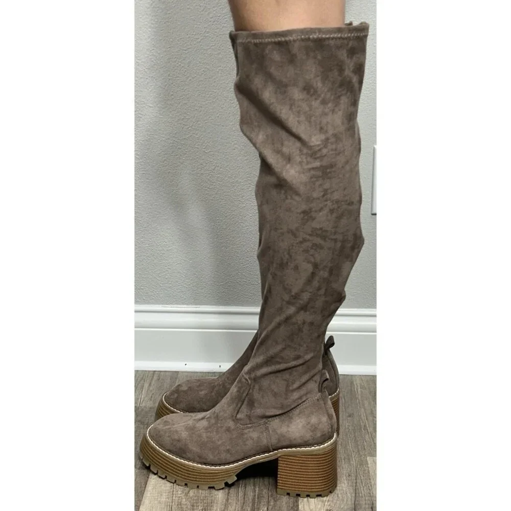 NEW Altar’d State Faux Suede Over The Knee Boots Taupe Chunky Lug Sole Size 8.5M